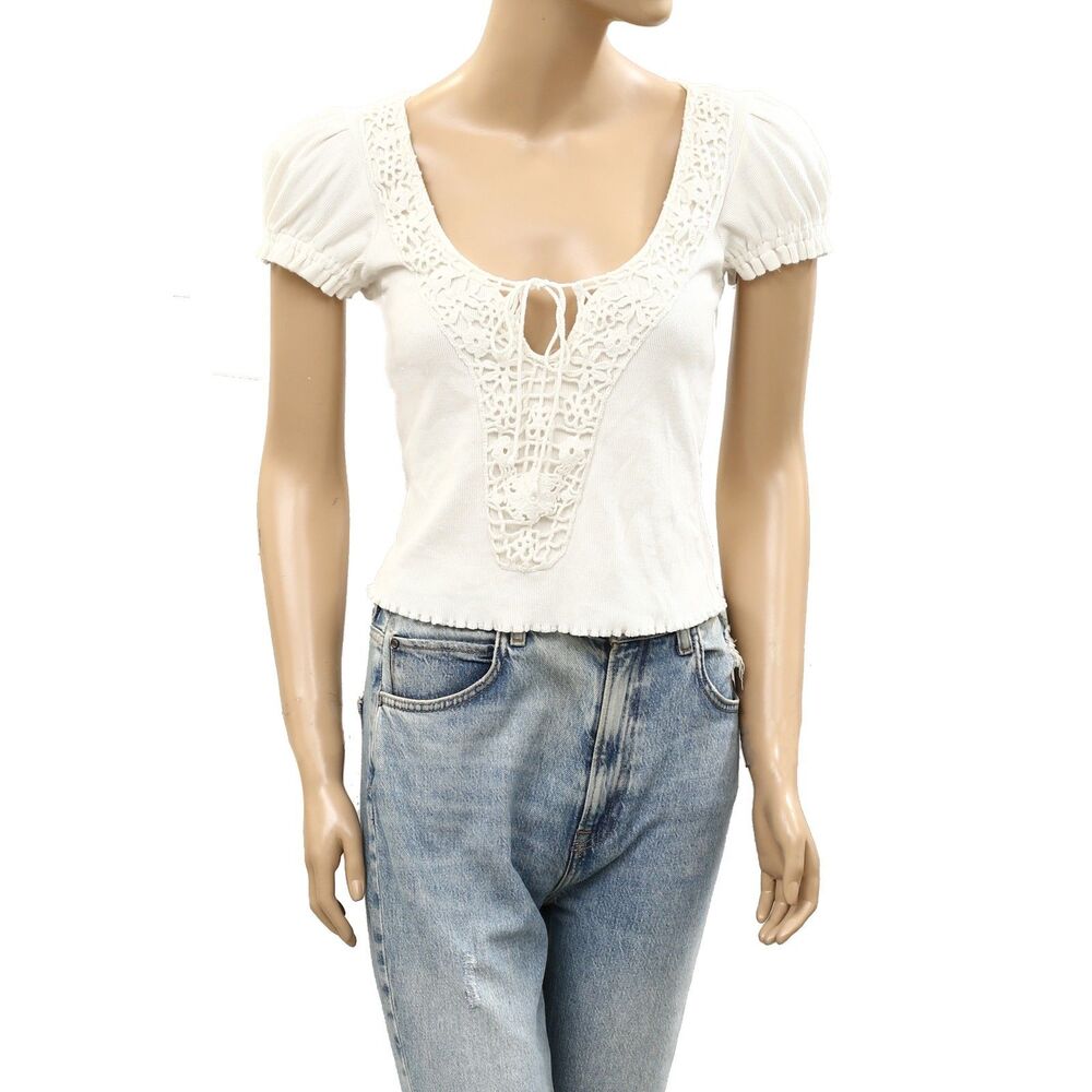 Urban Outfitters Floral Crochet Lace Blouse Top White Short-Sleeves M 286733